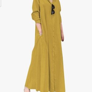 YMING Solid Mustard Yellow Maxi Dress Casual Button Up Womens L NEW